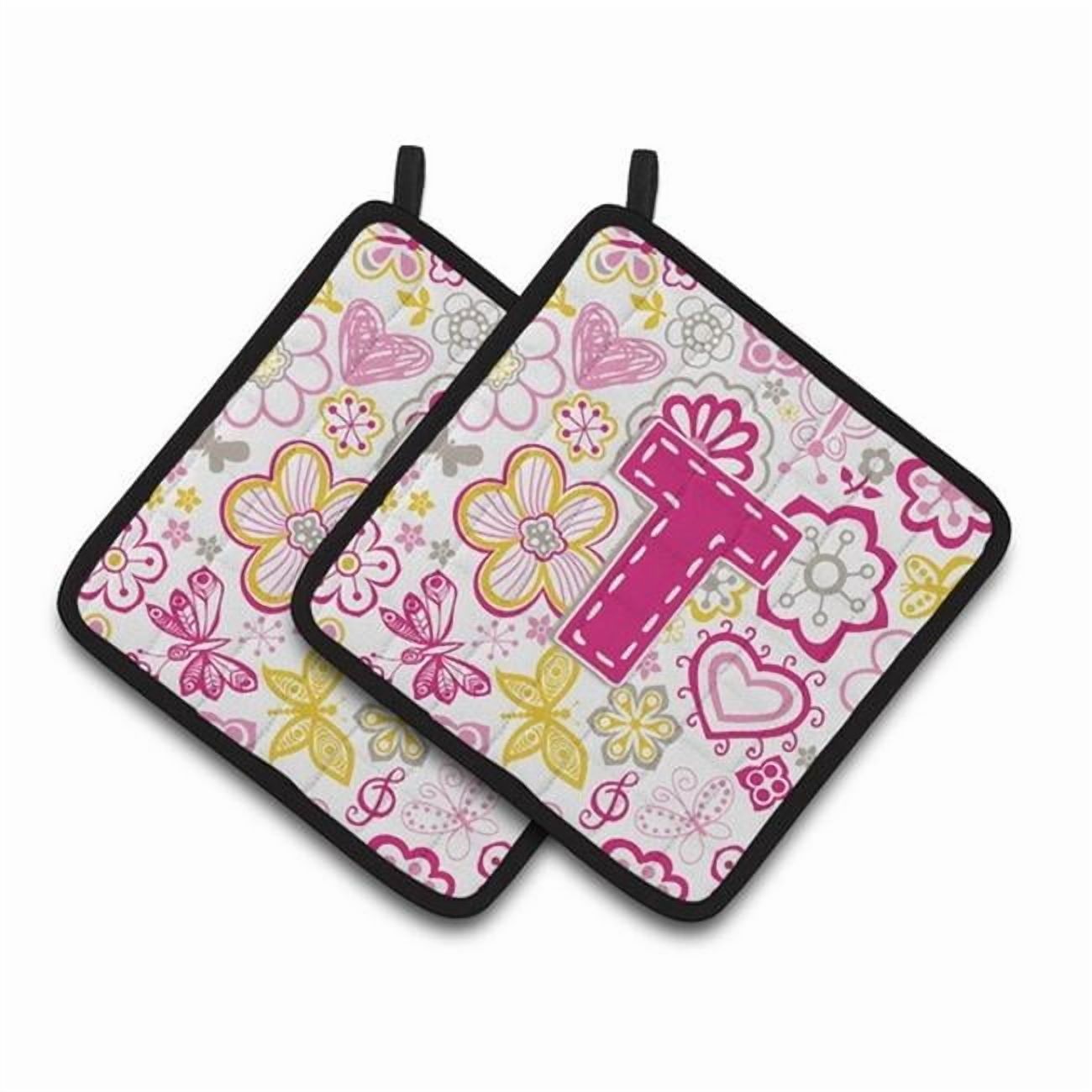Letter T Flowers and Butterflies Pink Pair of Pot Holders