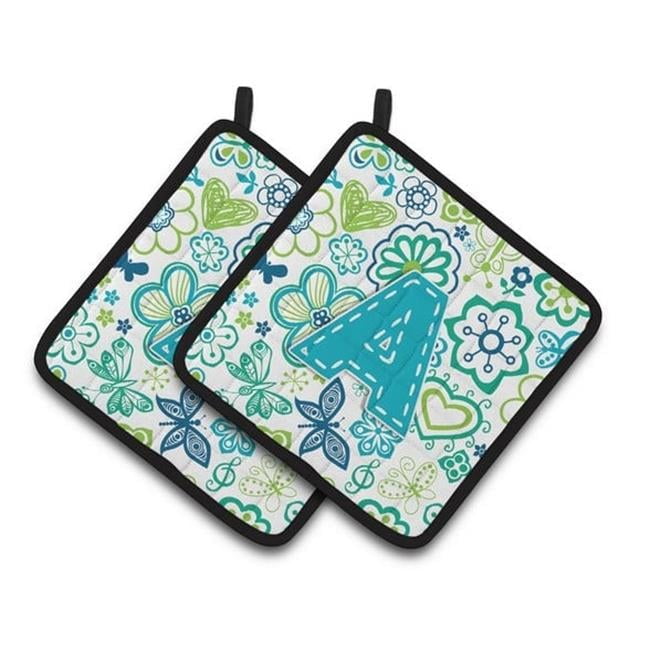 Letter A Flowers and Butterflies Teal Blue Pair of Pot Holders