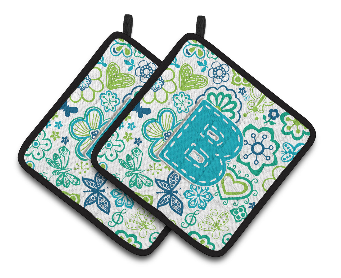 Letter B Flowers and Butterflies Teal Blue Pair of Pot Holders
