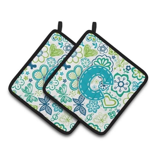 Letter C Flowers and Butterflies Teal Blue Pair of Pot Holders