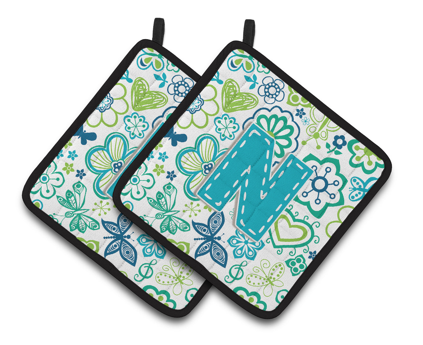 Letter N Flowers and Butterflies Teal Blue Pair of Pot Holders