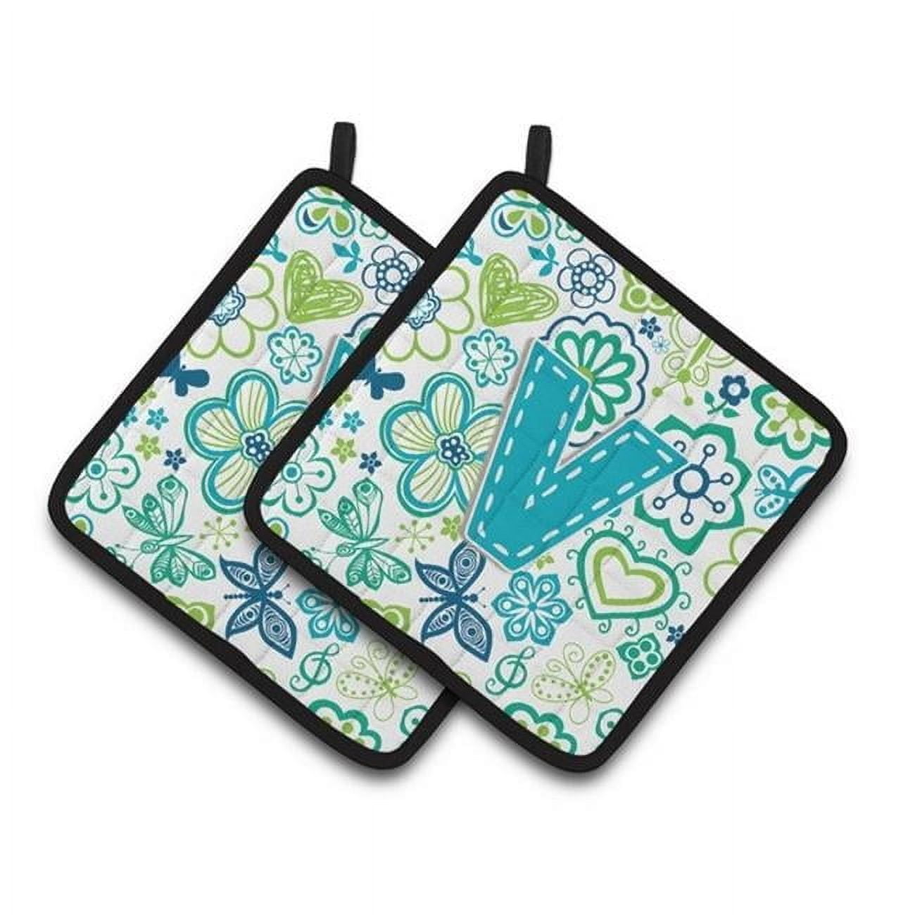 Letter V Flowers and Butterflies Teal Blue Pair of Pot Holders