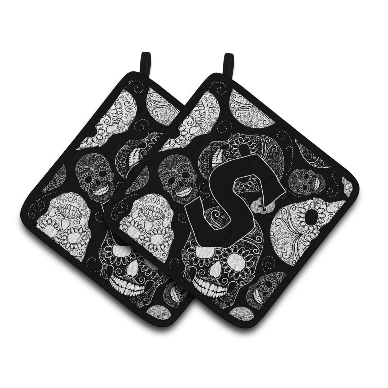 Carolines Treasures CJ2008-SPTHD Letter S Day of the Dead Skulls Black Pair of Pot Holders, 7.5HX7.5W, multicolor
