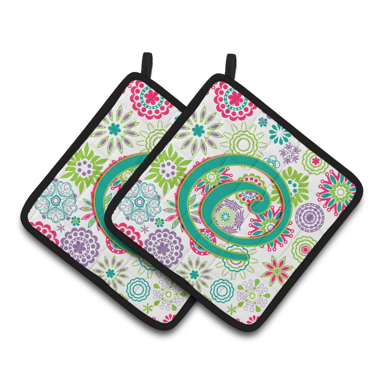 Carolines Treasures CJ2011-CPTHD Letter C Flowers Pink Teal Green Initial Pair of Pot Holders, 7.5HX7.5W, multicolor