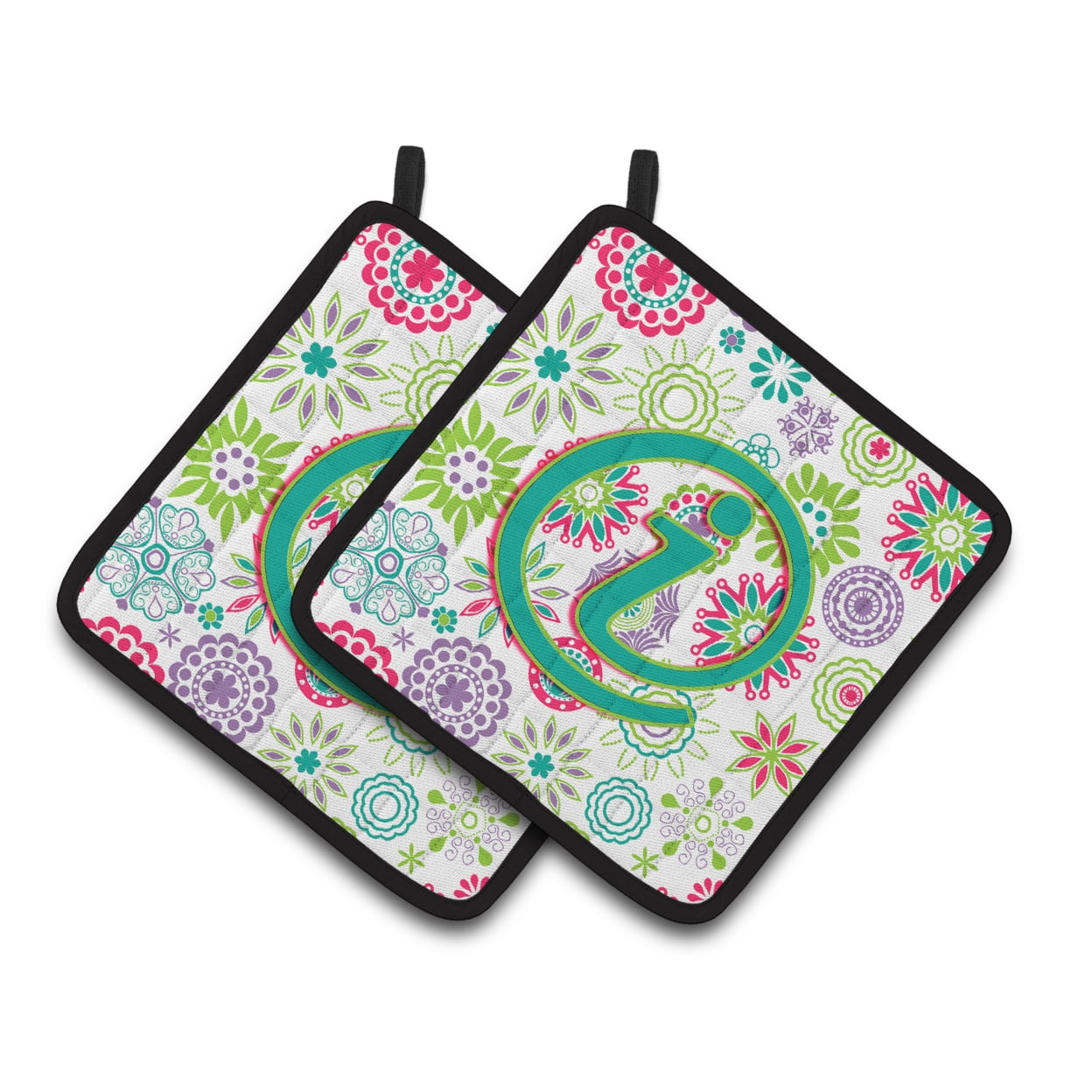 Carolines Treasures CJ2011-IPTHD Letter I Flowers Pink Teal Green Initial Pair of Pot Holders, 7.5HX7.5W, multicolor