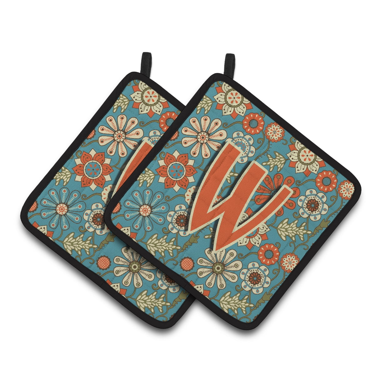 Carolines Treasures CJ2012-WPTHD Letter W Flowers Retro Blue Pair of Pot Holders, 7.5HX7.5W, multicolor