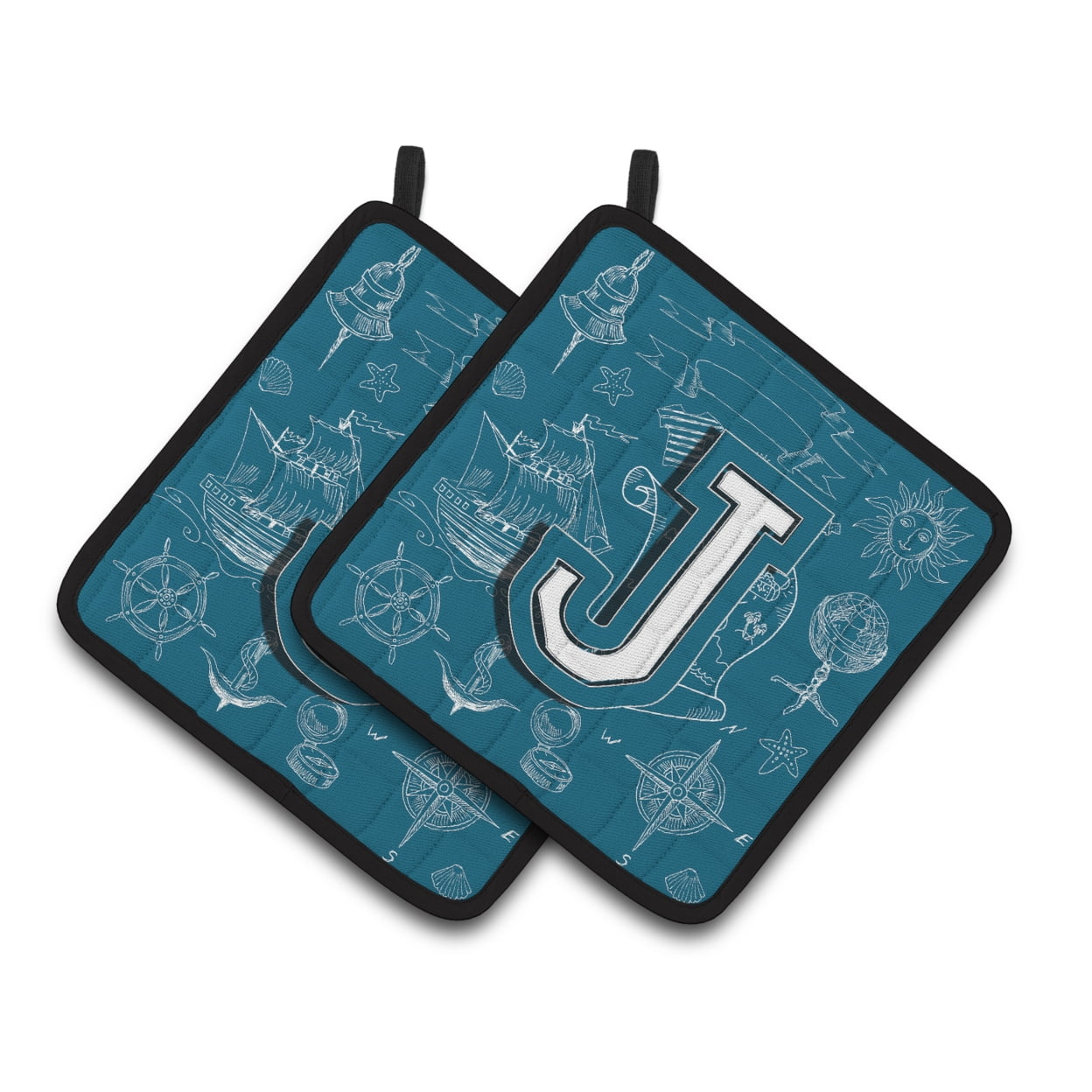 Letter J Sea Doodles Initial Alphabet Pair of Pot Holders