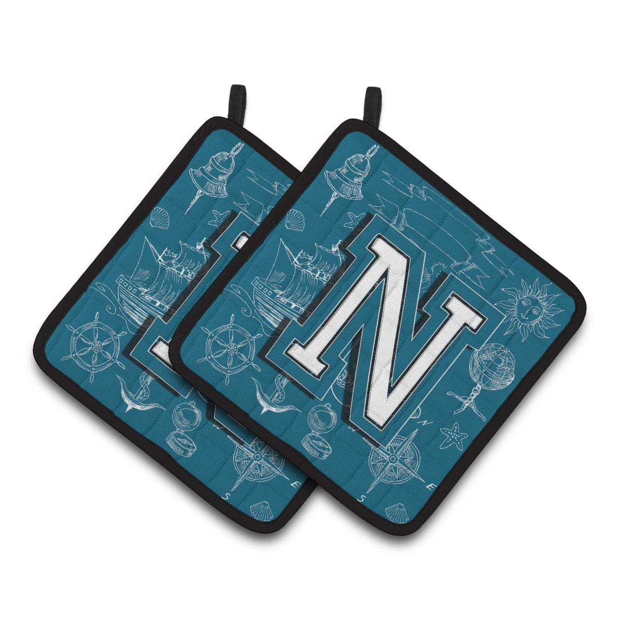 Letter N Sea Doodles Initial Alphabet Pair of Pot Holders