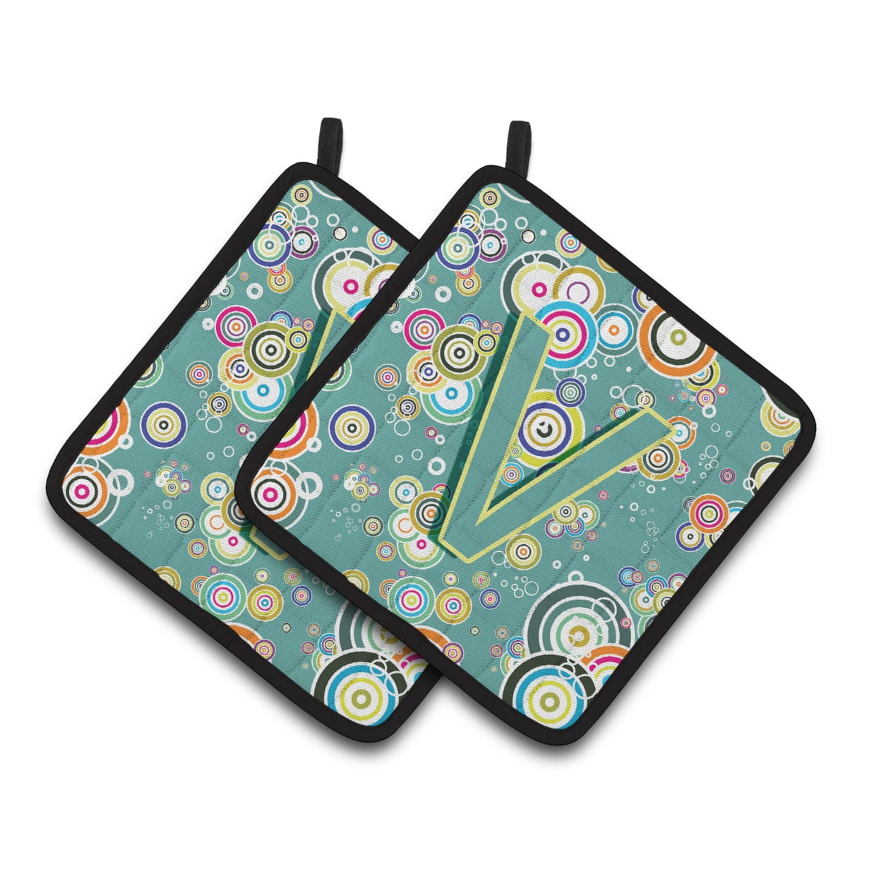 Carolines Treasures CJ2015-VPTHD Letter V Circle Circle Teal Initial Alphabet Pair of Pot Holders, 7.5HX7.5W, multicolor
