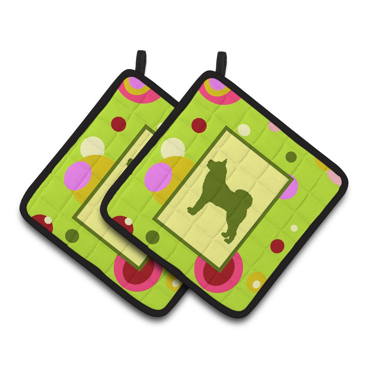 Carolines Treasures CK1136PTHD Lime Green Dots Karelian Bear Dog Pair of Pot Holders 7.5HX7.5W multicolor