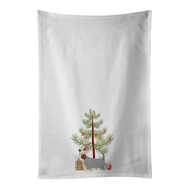 Carolines Treasures CK3443WTKT 28 x 19 in. Unisex Australian Silky Terrier Christmas Tree White Dish Towels Kitchen Towel - Set of 2