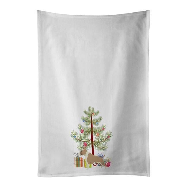 Carolines Treasures CK3528WTKT 28 x 19 in. Unisex Fawn & White Bull Terrier Christmas Tree White Dish Towels Kitchen Towel - Set of 2