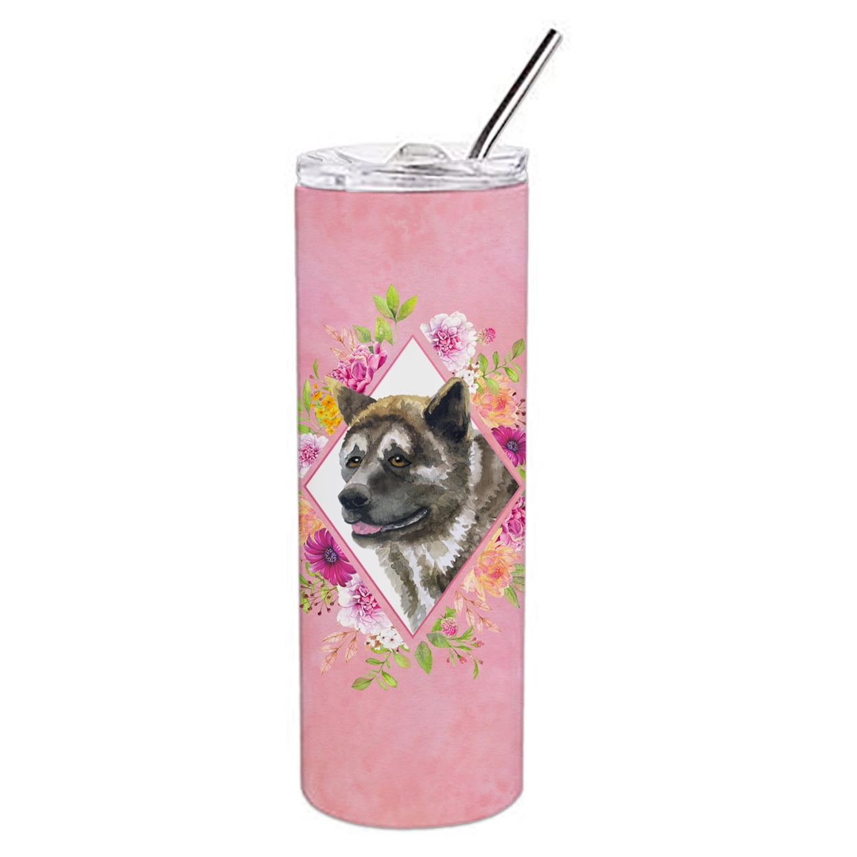 Akita Pink Flowers Double Walled Stainless Steel 20 oz Skinny Tumbler