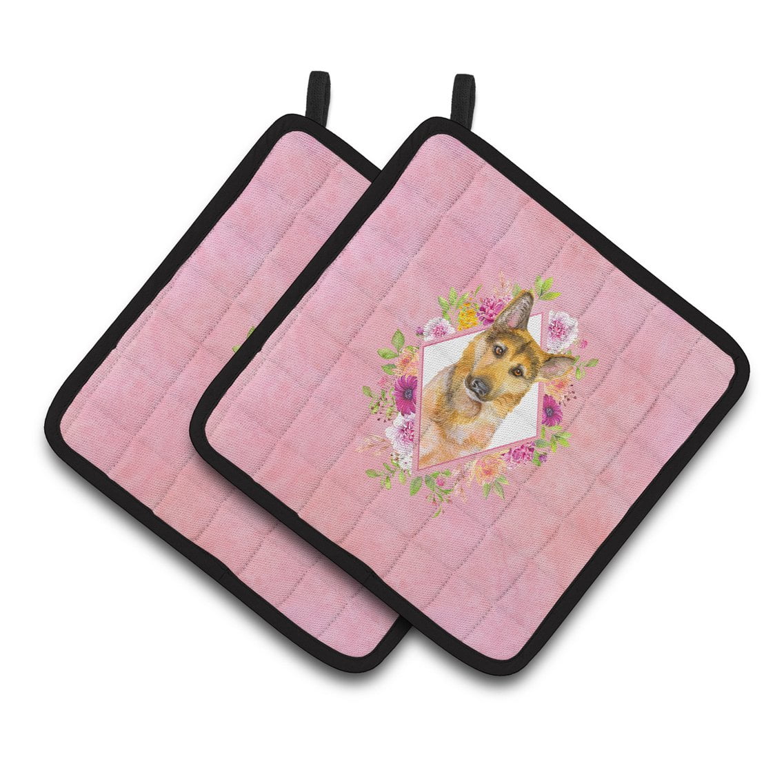 Carolines Treasures CK4147PTHD 7.5 x 7.5 in. German Shepherd No.2 Pink Flowers Pair of Pot Holders