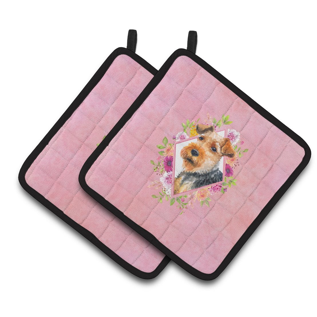 Carolines Treasures CK4192PTHD Welsh Terrier Pink Flowers Pair of Pot Holders 7.5HX7.5W multicolor