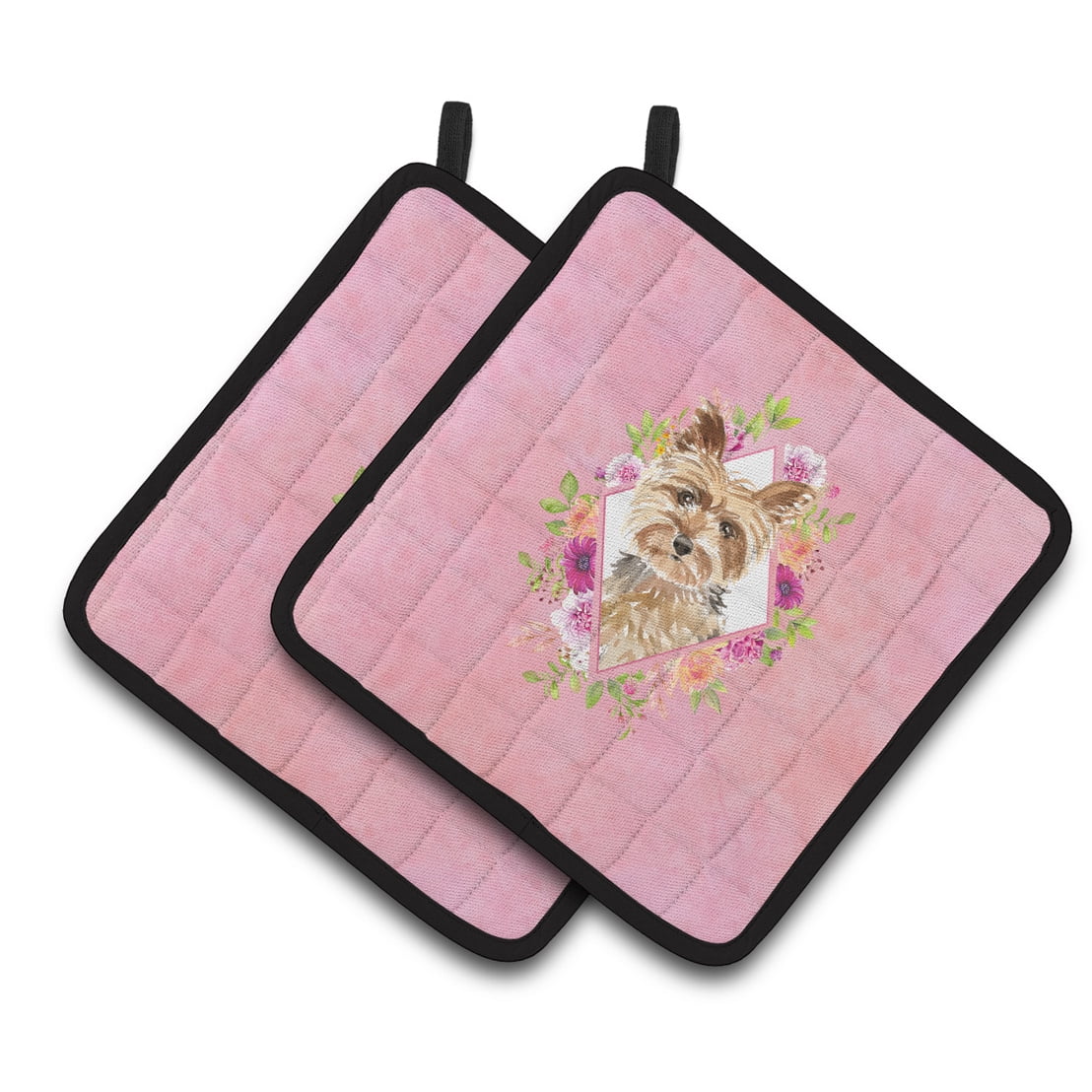 Carolines Treasures CK4197PTHD Yorkie Pink Flowers Pair of Pot Holders 7.5HX7.5W multicolor