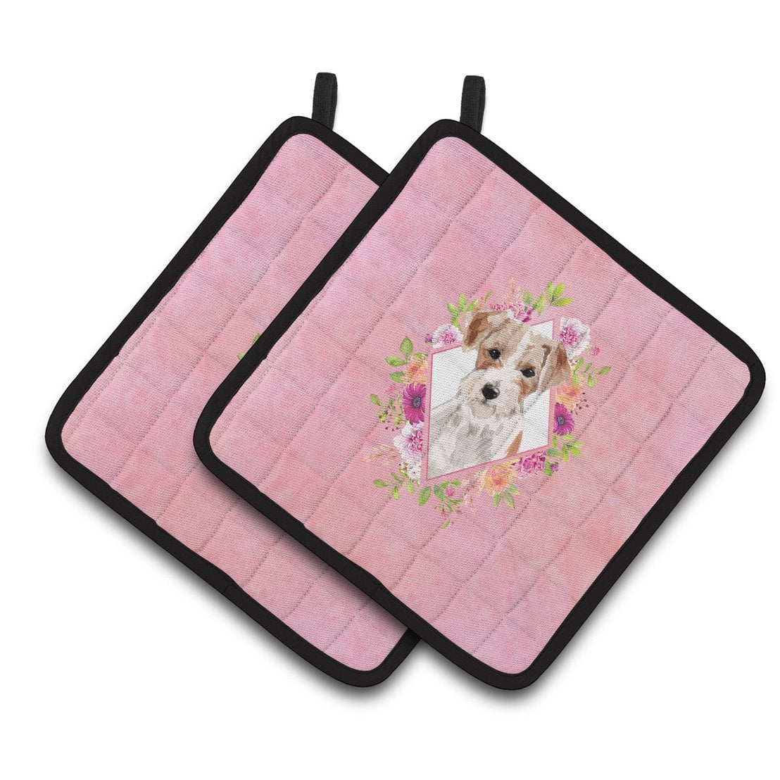 Carolines Treasures CK4198PTHD Jack Russell Terrier Pink Flowers Pair of Pot Holders 7.5HX7.5W multicolor