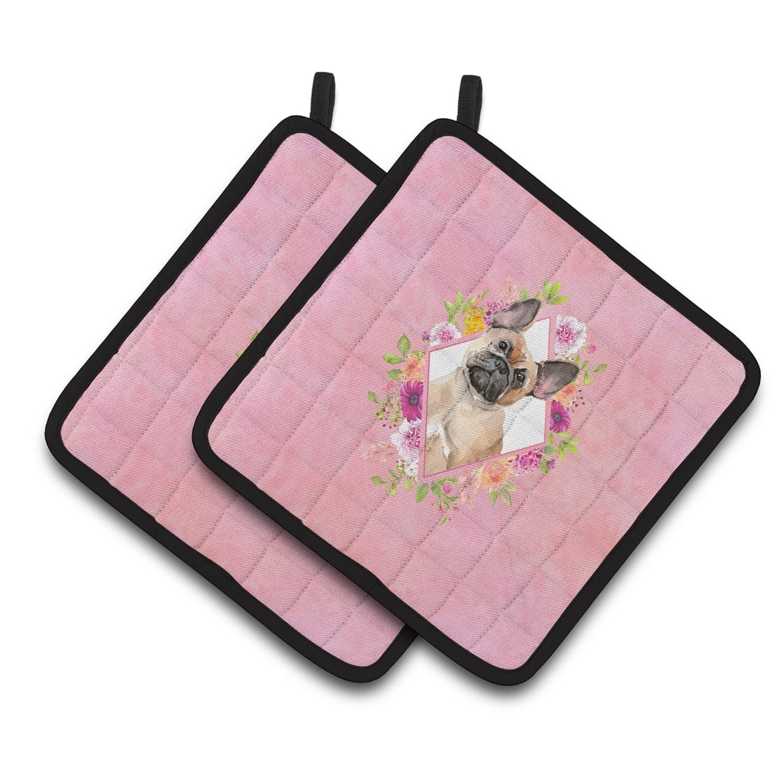 Carolines Treasures CK4238PTHD Fawn French Bulldog Pink Flowers Pair of Pot Holders 7.5HX7.5W multicolor