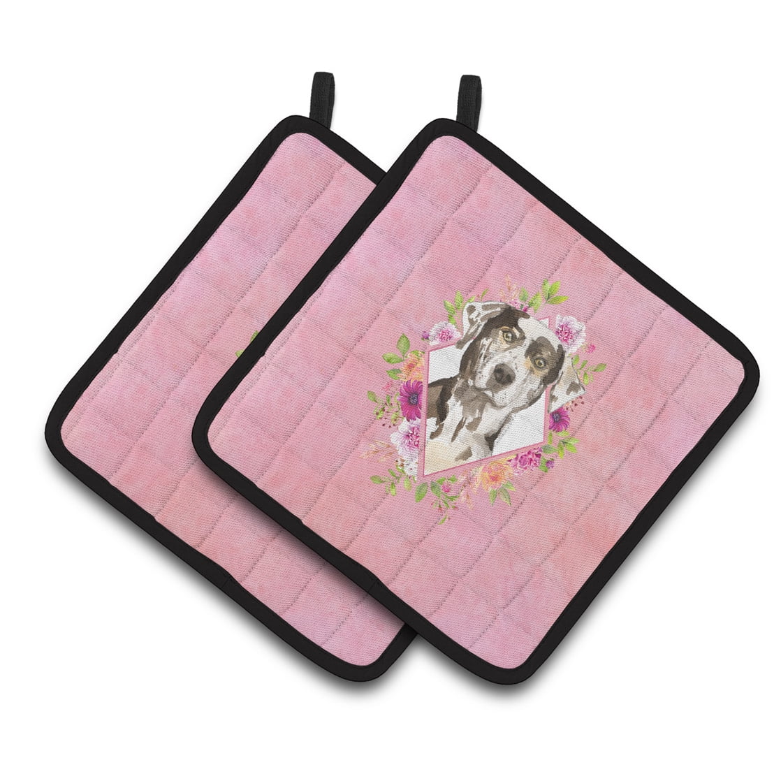 Catahoula Leopard Dog Pink Flowers Pair of Pot Holders