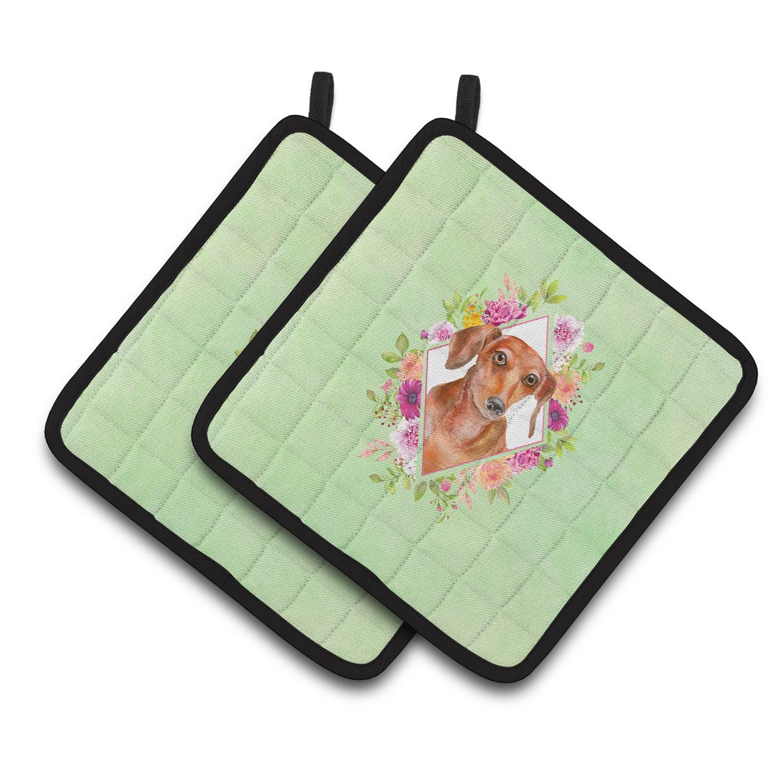 Carolines Treasures CK4295PTHD Dachshund Red 2 Green Flowers Pair of Pot Holders 7.5HX7.5W multicolor