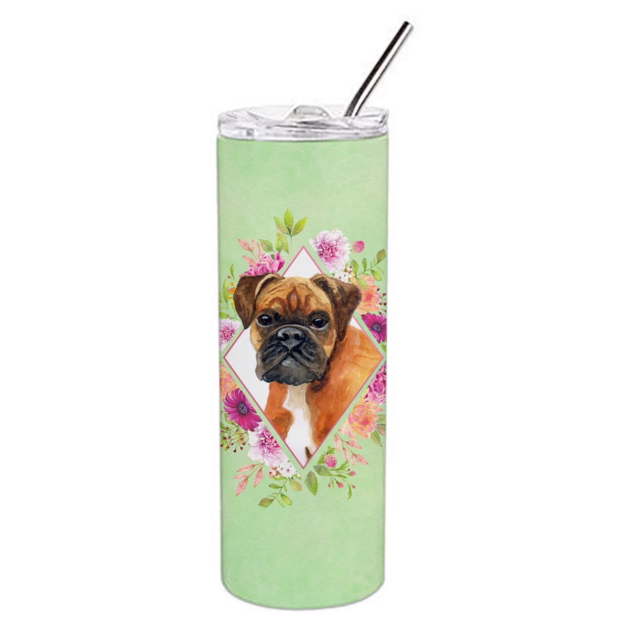 Carolines Treasures CK4305TBL20 German Boxer Green Flowers Stainless Steel 20 oz Skinny Tumbler 20 oz multicolor