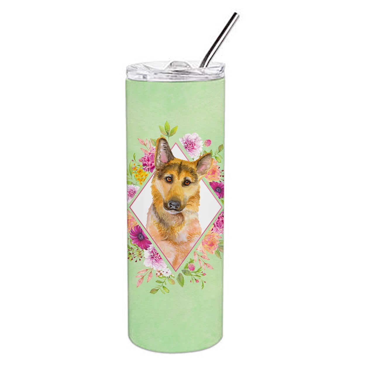 Carolines Treasures CK4307TBL20 German Shepherd Design2 Green Flowers Stainless Steel 20 oz Skinny Tumbler 20 oz