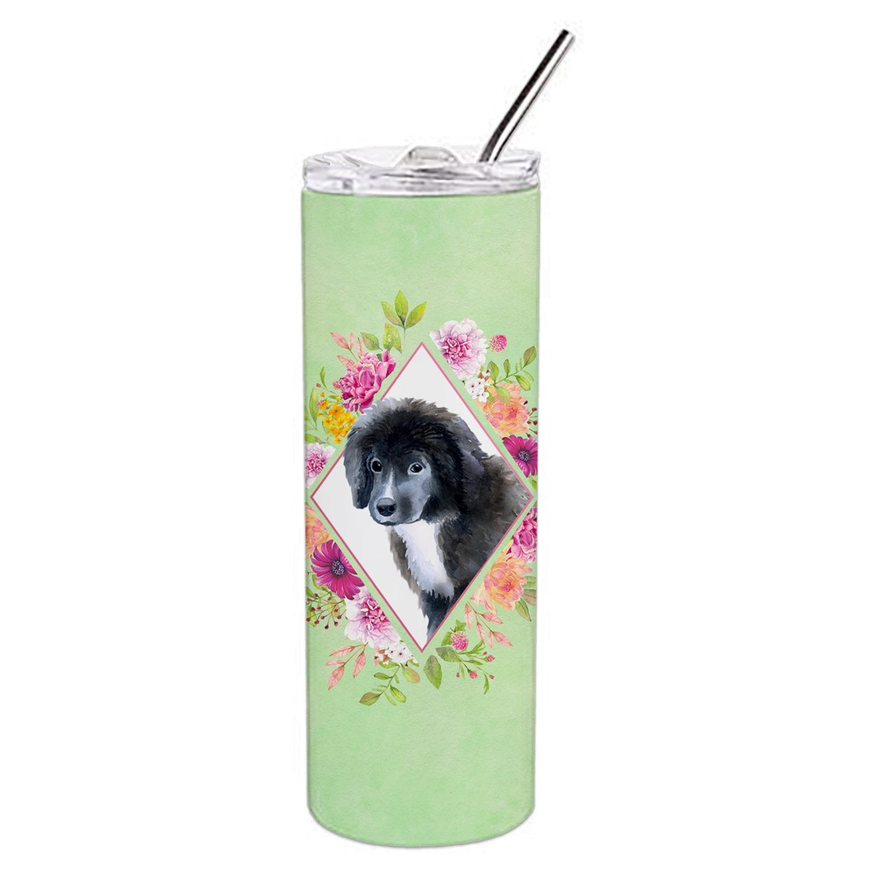 Carolines Treasures CK4324TBL20 Newfoundland Puppy Green Flowers Stainless Steel 20 oz Skinny Tumbler 20 oz multicolor