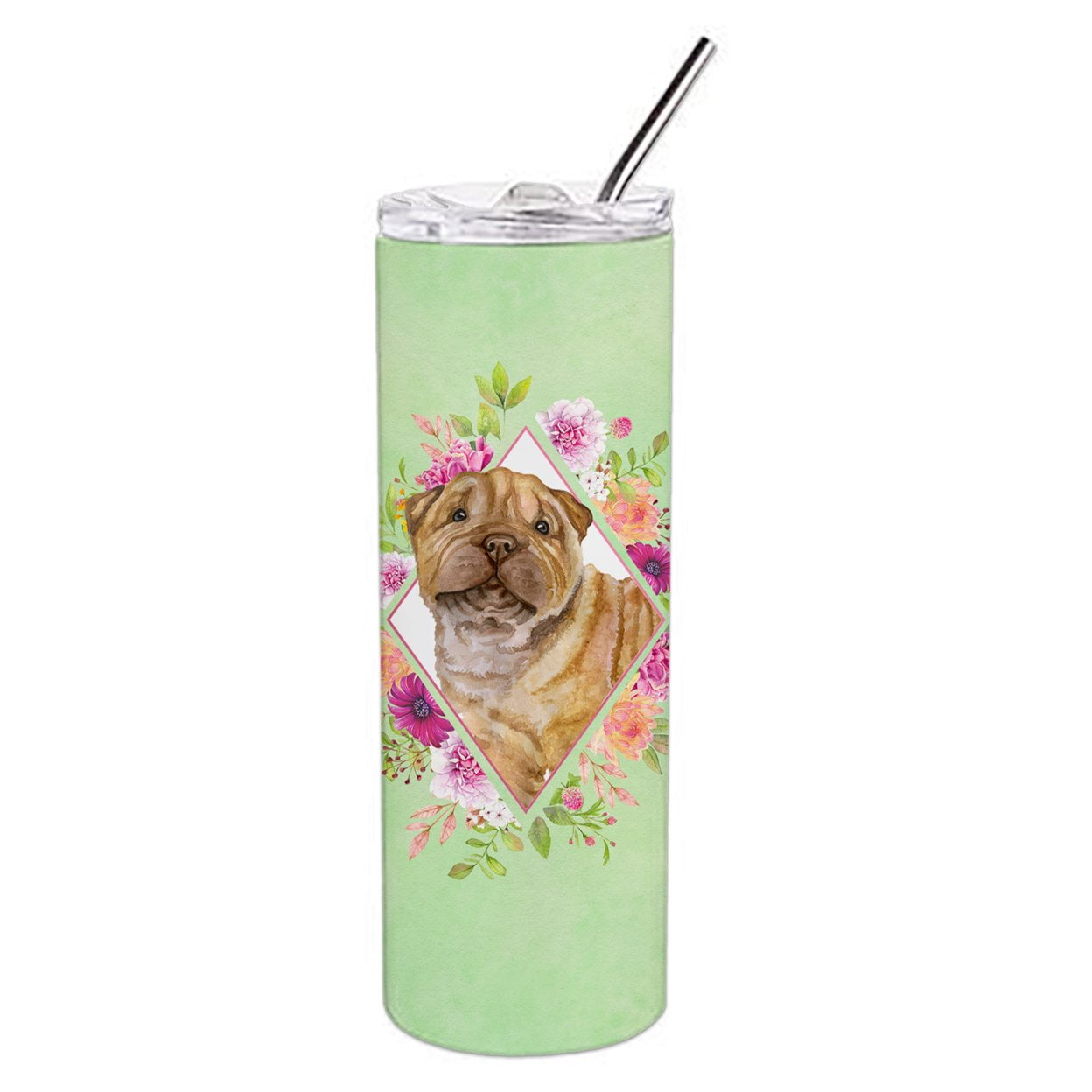 Carolines Treasures CK4341TBL20 Shar Pei Green Flowers Stainless Steel 20 oz Skinny Tumbler 20 oz multicolor