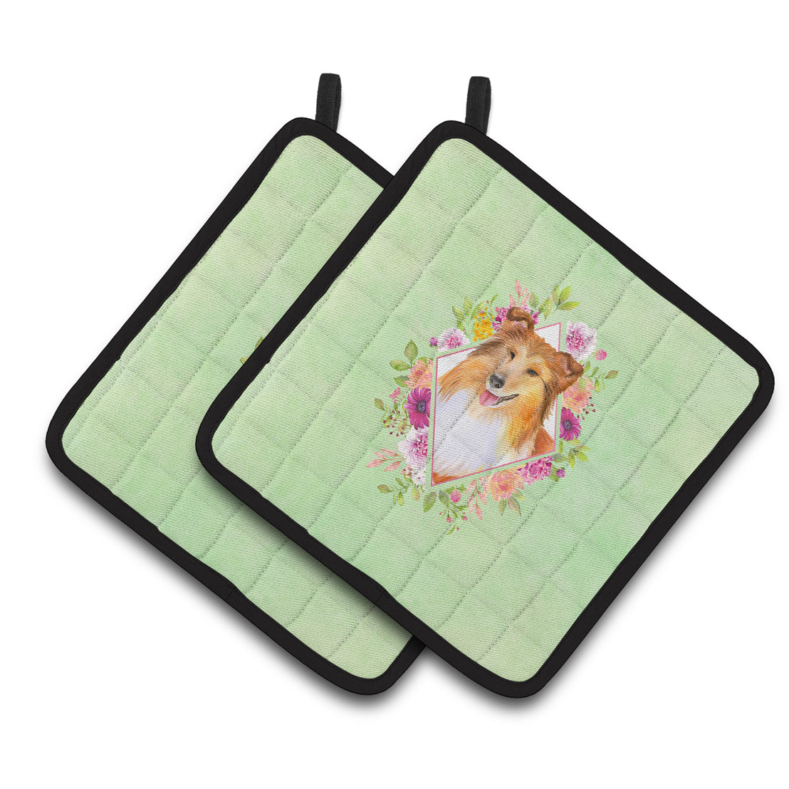Carolines Treasures CK4342PTHD Sheltie Shetland Sheepdog Green Flowers Pair of Pot Holders 7.5HX7.5W multicolor