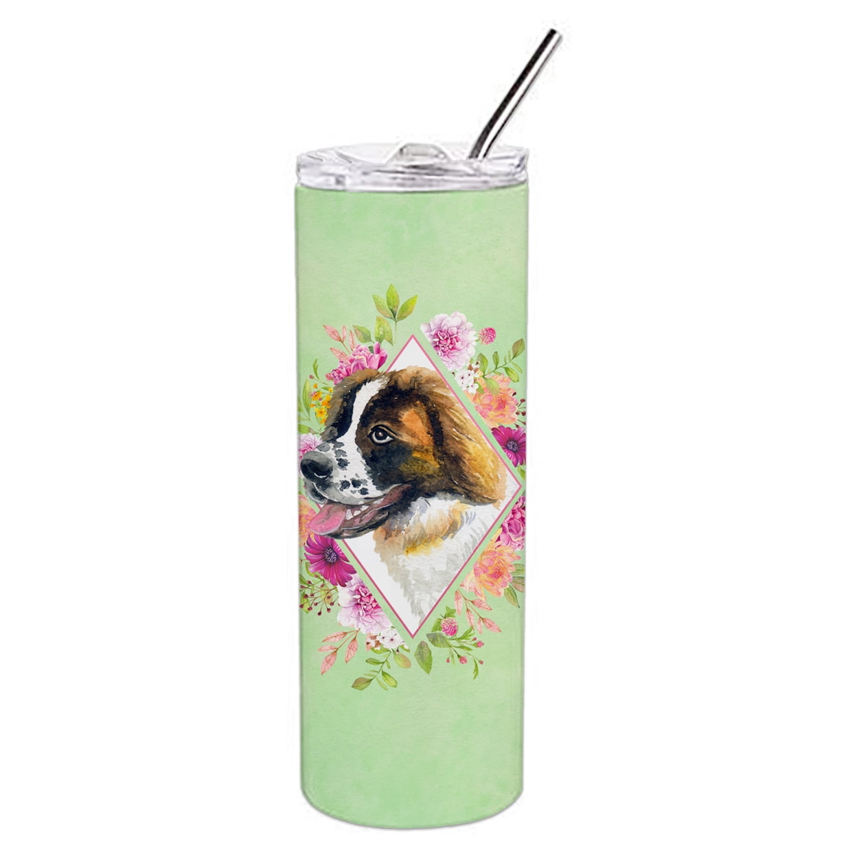 Carolines Treasures CK4347TBL20 Saint Bernard Design2 Green Flowers Stainless Steel 20 oz Skinny Tumbler 20 oz