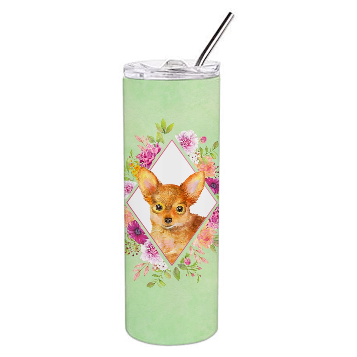 Carolines Treasures CK4350TBL20 20 oz Toy Terrier Green Flowers Double Walled Stainless Steel Skinny Tumbler