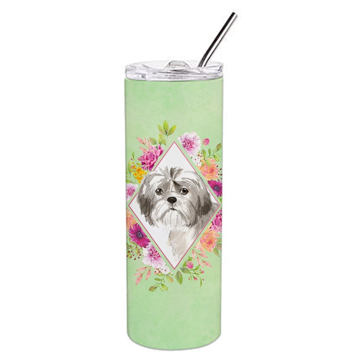 Carolines Treasures CK4371TBL20 Shih Tzu Puppy Green Flowers Stainless Steel 20 oz Skinny Tumbler 20 oz multicolor