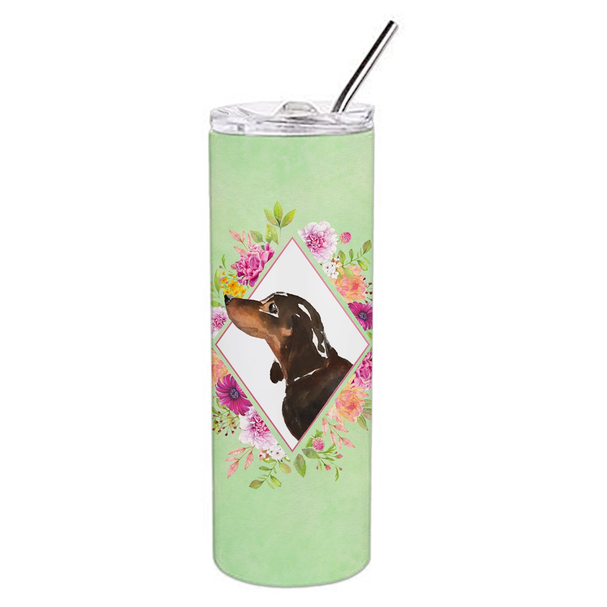 Black and Tan Dachshund Green Flowers Double Walled Stainless Steel 20 oz Skinny Tumbler