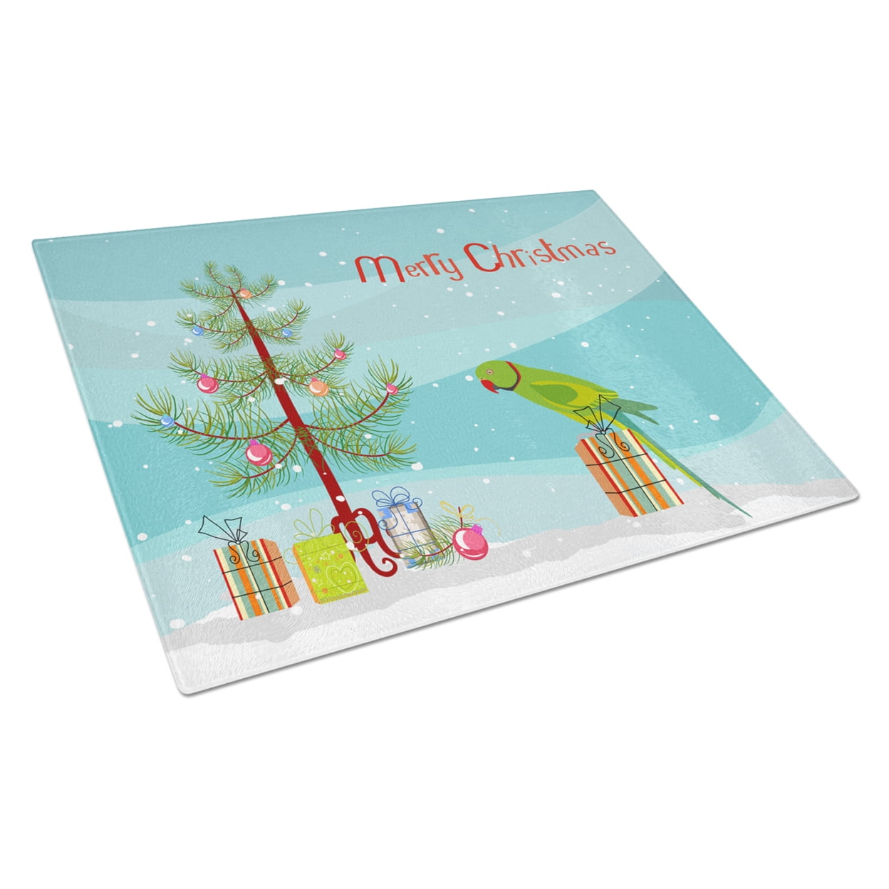 Carolines Treasures CK4502LCB Ring-Necked Parakeet Merry Christmas Glass Cutting Board Large, 12H x 16W, multicolor