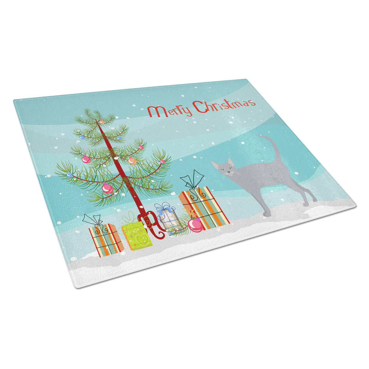 Carolines Treasures CK4695LCB Russian Blue 1 Cat Merry Christmas Glass Cutting Board Large, 12H x 16W, multicolor