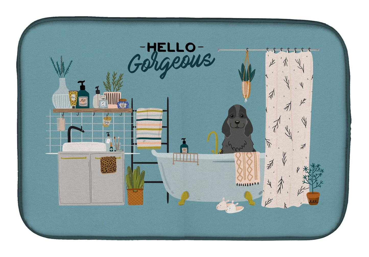 Black Cocker Spaniel in Bathtub Dish Drying Mat