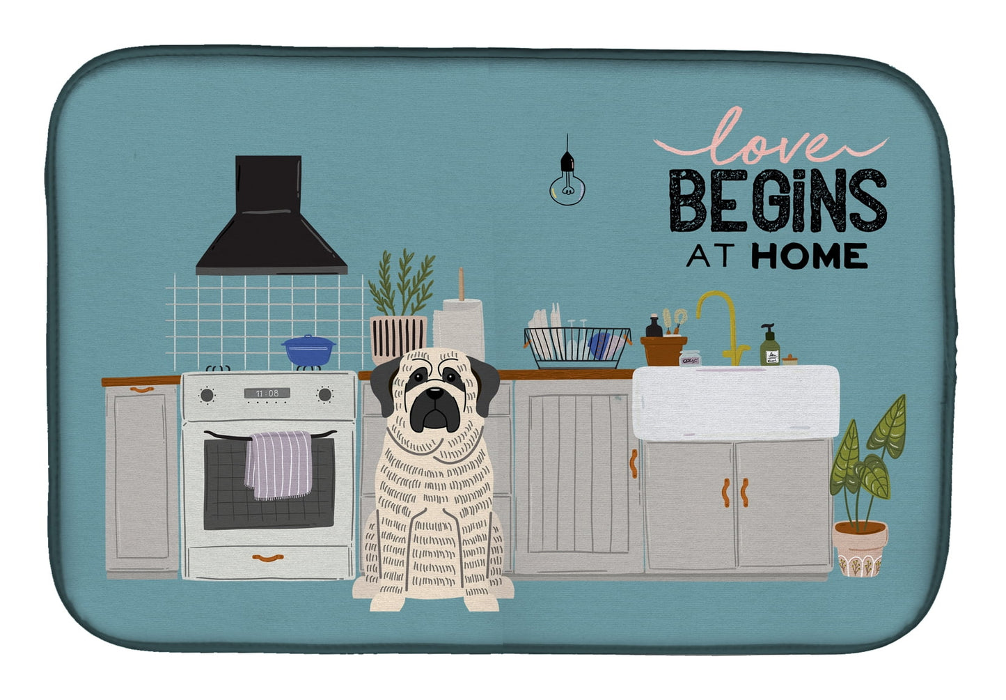 White Mastiff Brindle Kitchen Scene Dish Drying Mat