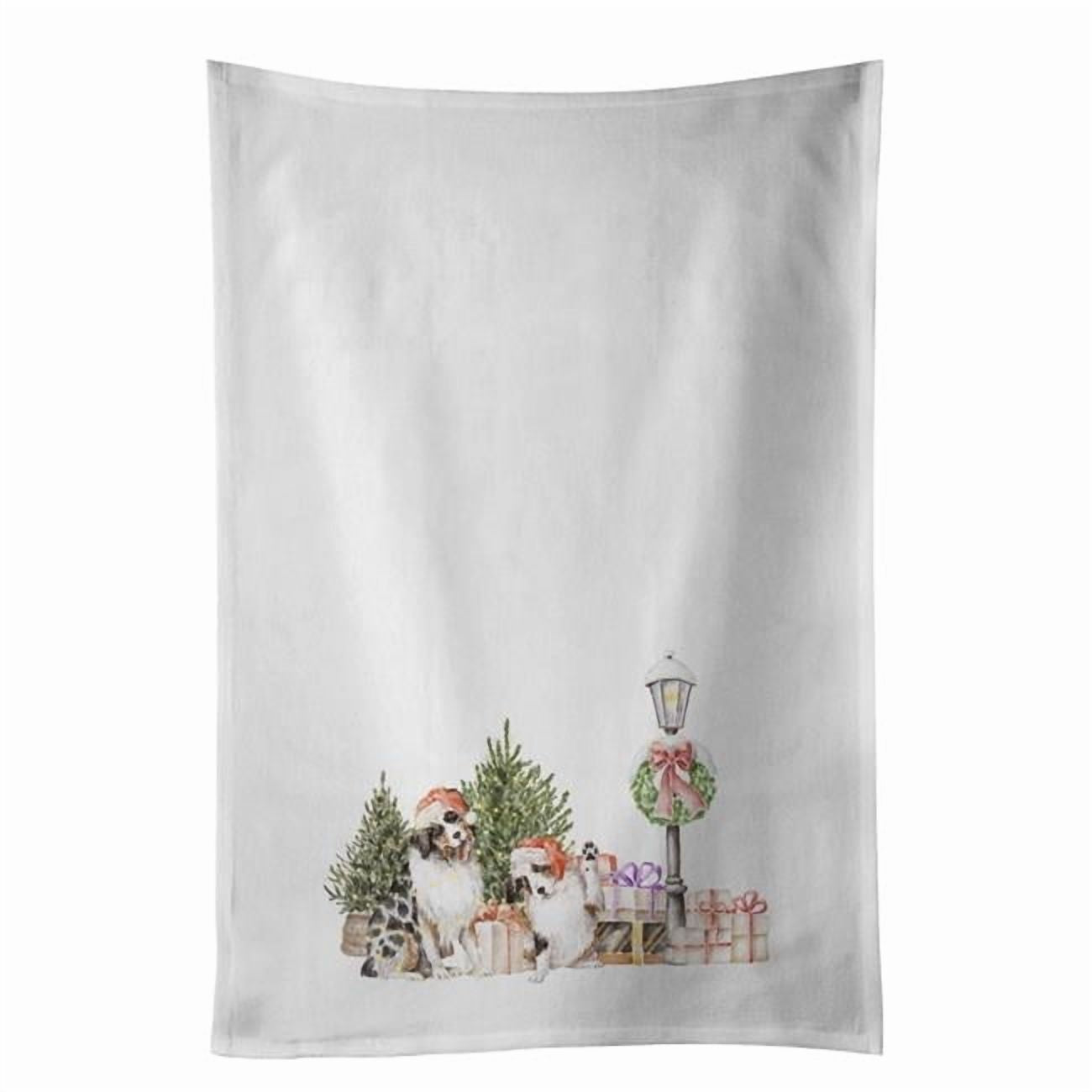 Carolines Treasures CK8114WTKT 28 x 19 in. Unisex Australian Shepherd Excited Adult & Puppy with Christmas Wonderland White Dish Towels Kitchen Towel - Set of 2