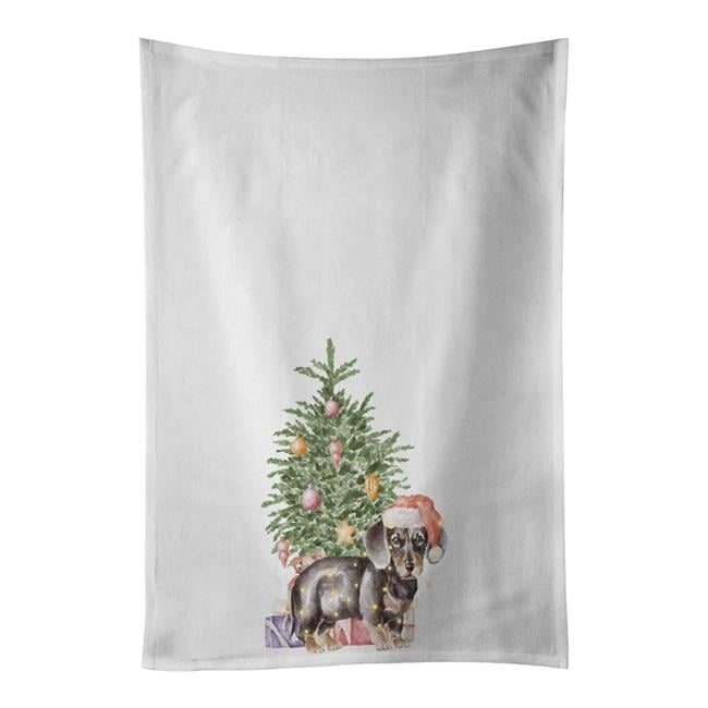 Carolines Treasures CK8205WTKT 28 x 19 in. Unisex Dachshund Black & Tan Puppy Christmas Presents & Tree White Dish Towels Kitchen Towel - Set of 2