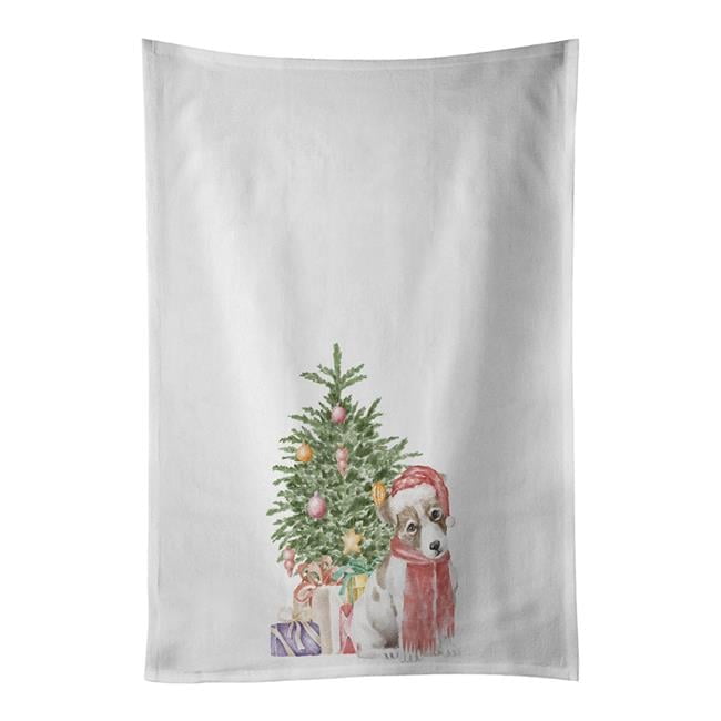 Carolines Treasures CK8228WTKT 28 x 19 in. Unisex Jack Russell Terrier Smooth Puppy Christmas Presents & Tree White Dish Towels Kitchen Towel - Set of 2
