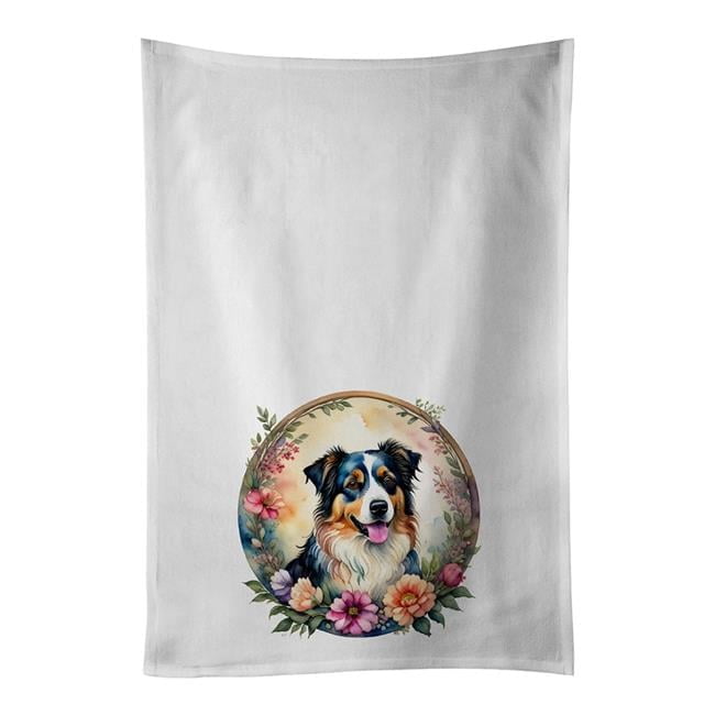Carolines Treasures DAC2084WTKT 0.1 x 28 x 19 in. Australian Shepherd & Flowers Kitchen Towel - Set of 2