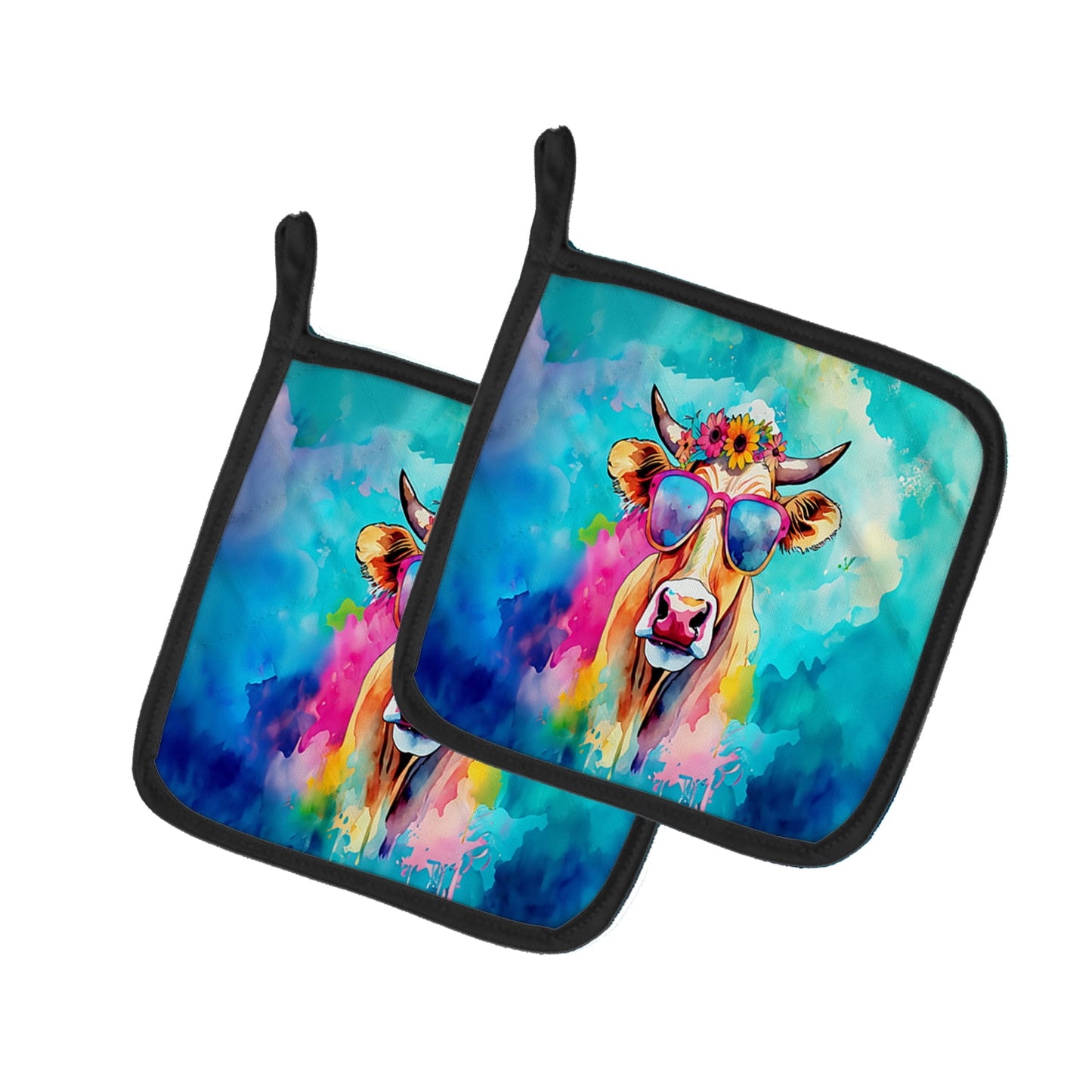 Carolines Treasures DAC4007PTHD 7.5 x 7.5 in. Unisex Hippie Animal Malvi Cow Pair of Pot Holders