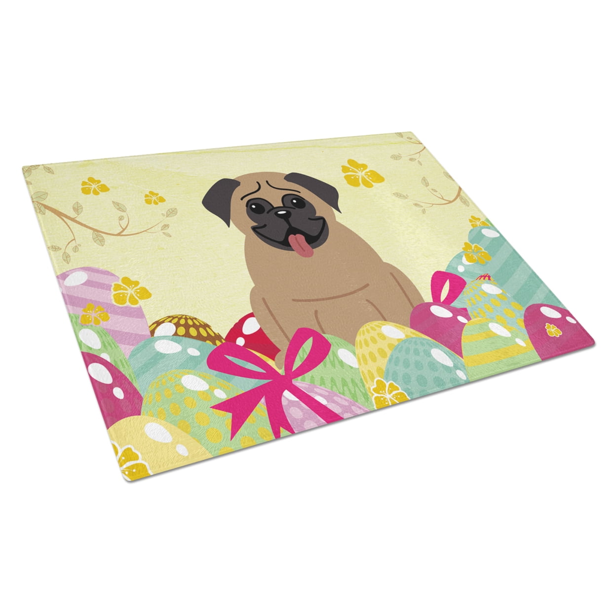 Carolines Treasures Easter Eggs Pug Brown Glass Cutting Board Large 12H x 16W multicolor