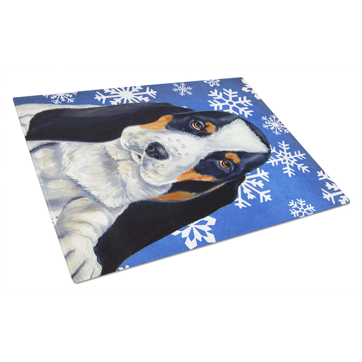 Carolines Treasures LH9284LCB Basset Hound Winter Snowflakes Holiday Glass Cutting Board Large, 12H x 16W, multicolor