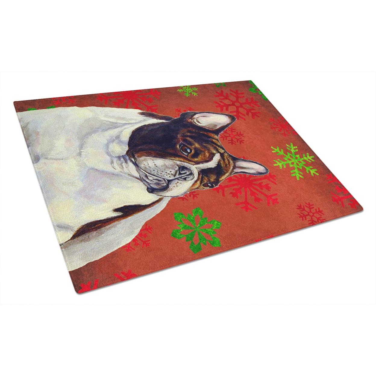Carolines Treasures LH9337LCB French Bulldog Red and Green Snowflakes Holiday Christmas Glass Cutting Board Large, 12H x