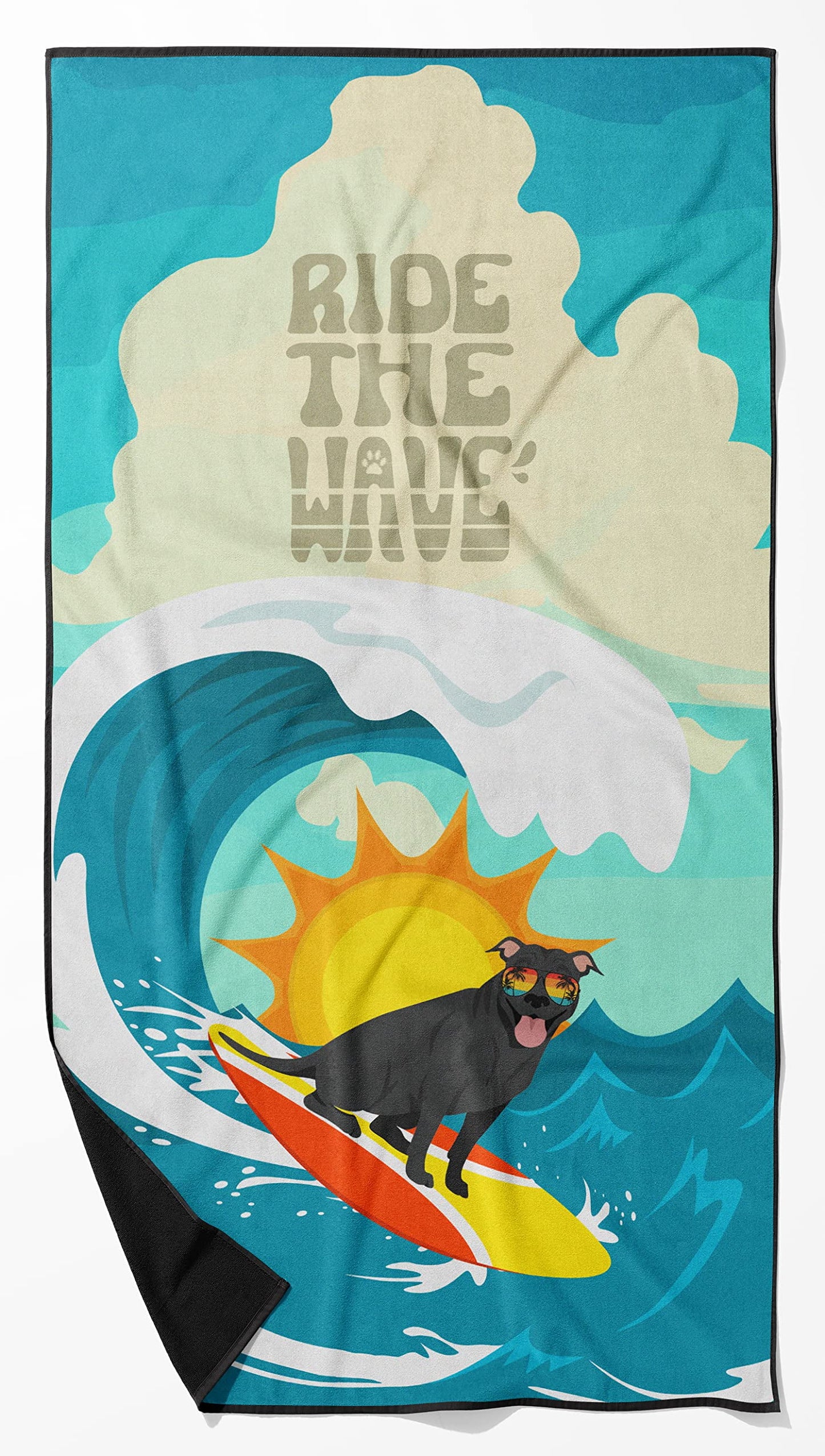 Surfer Dog Black Pit Bull Terrier Premium Beach Towel 30 in x 60 in