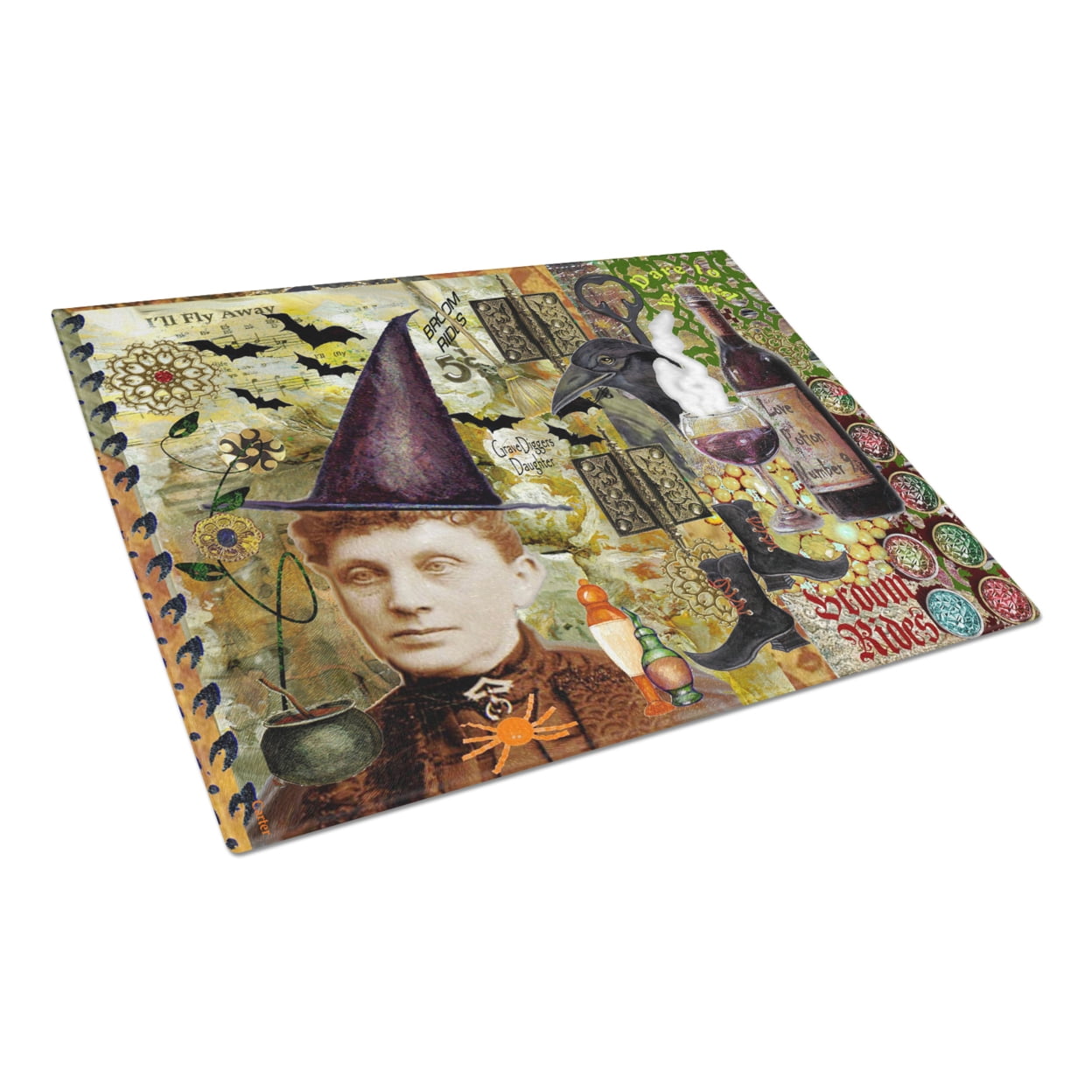Carolines Treasures PJC1069LCB Broom Rides and Spells Halloween Glass Cutting Board Large, 12H x 16W, multicolor