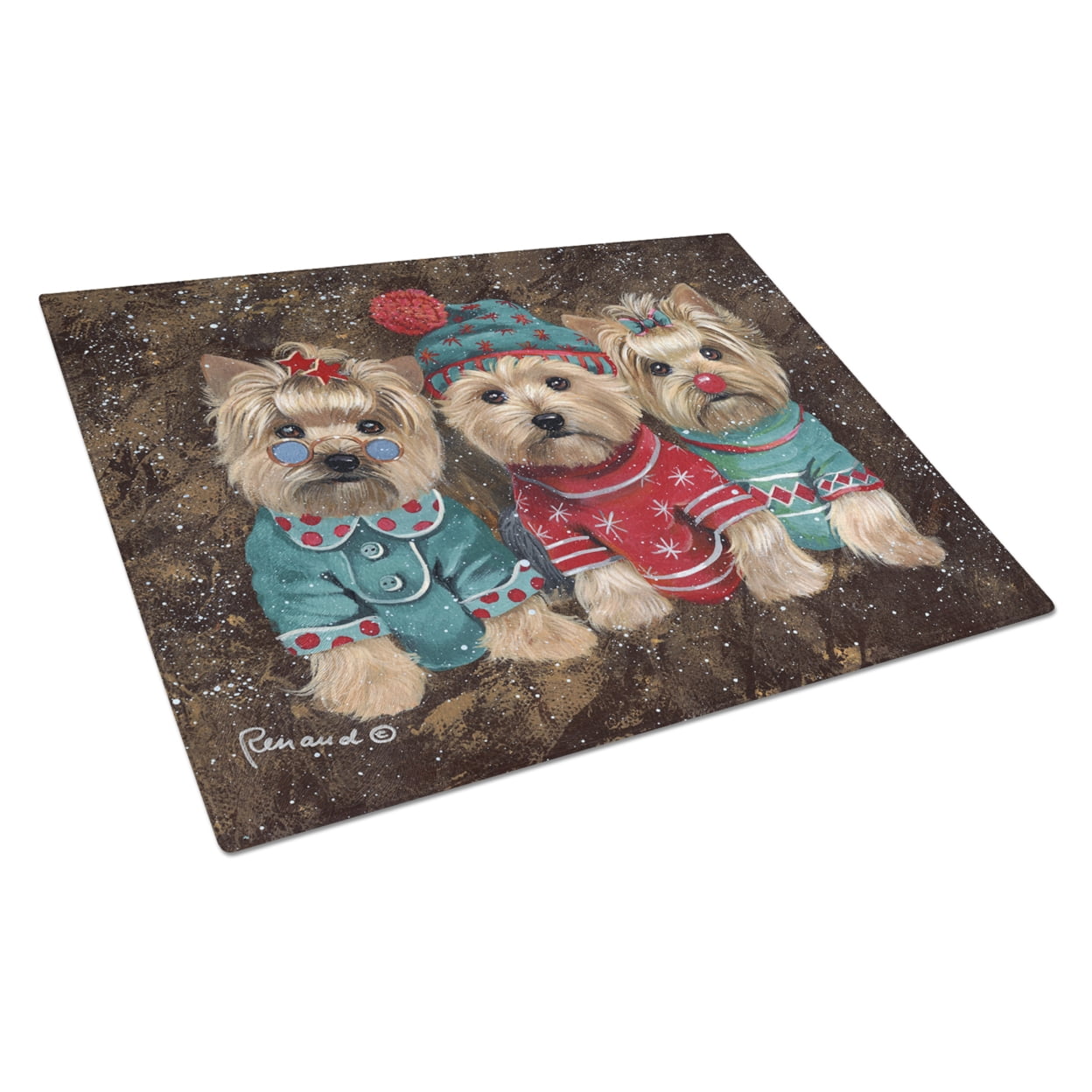 Carolines Treasures PPP3291LCB Yorkshire Terrier Yorkie Christmas Elves Glass Cutting Board Large, 12H x 16W, multicolor
