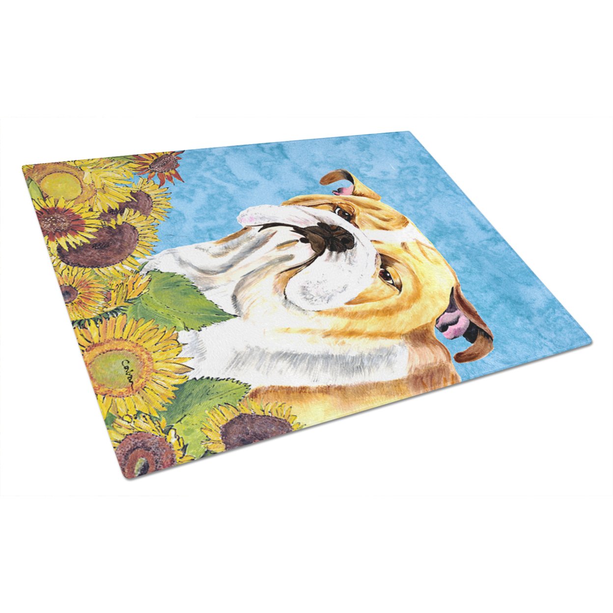Carolines Treasures SC9064LCB Bulldog English in Summer Flowers Glass Cutting Board Large, 12H x 16W, multicolor