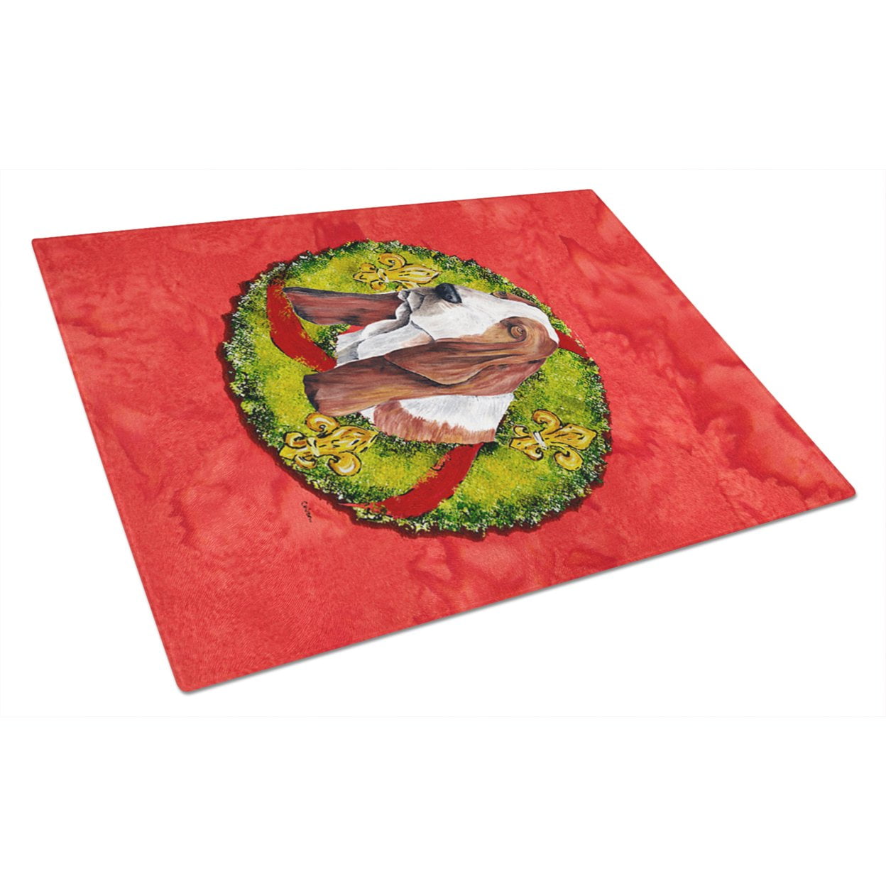 Carolines Treasures SC9100LCB Basset Hound Christmas Wreath Glass Cutting Board Large, 12H x 16W, multicolor